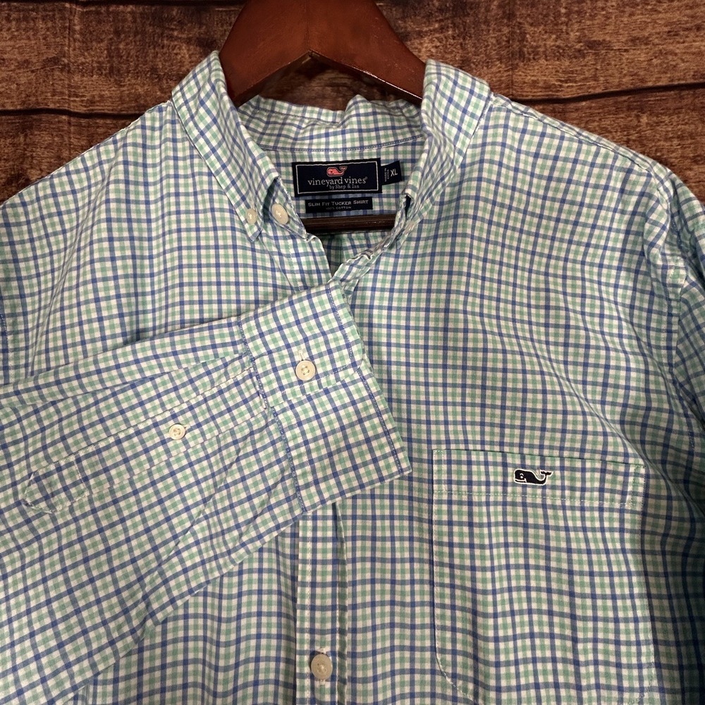 Vineyard Vines Shirt Mens XL Blue Green Slim Fit Tucker Checked Plaid